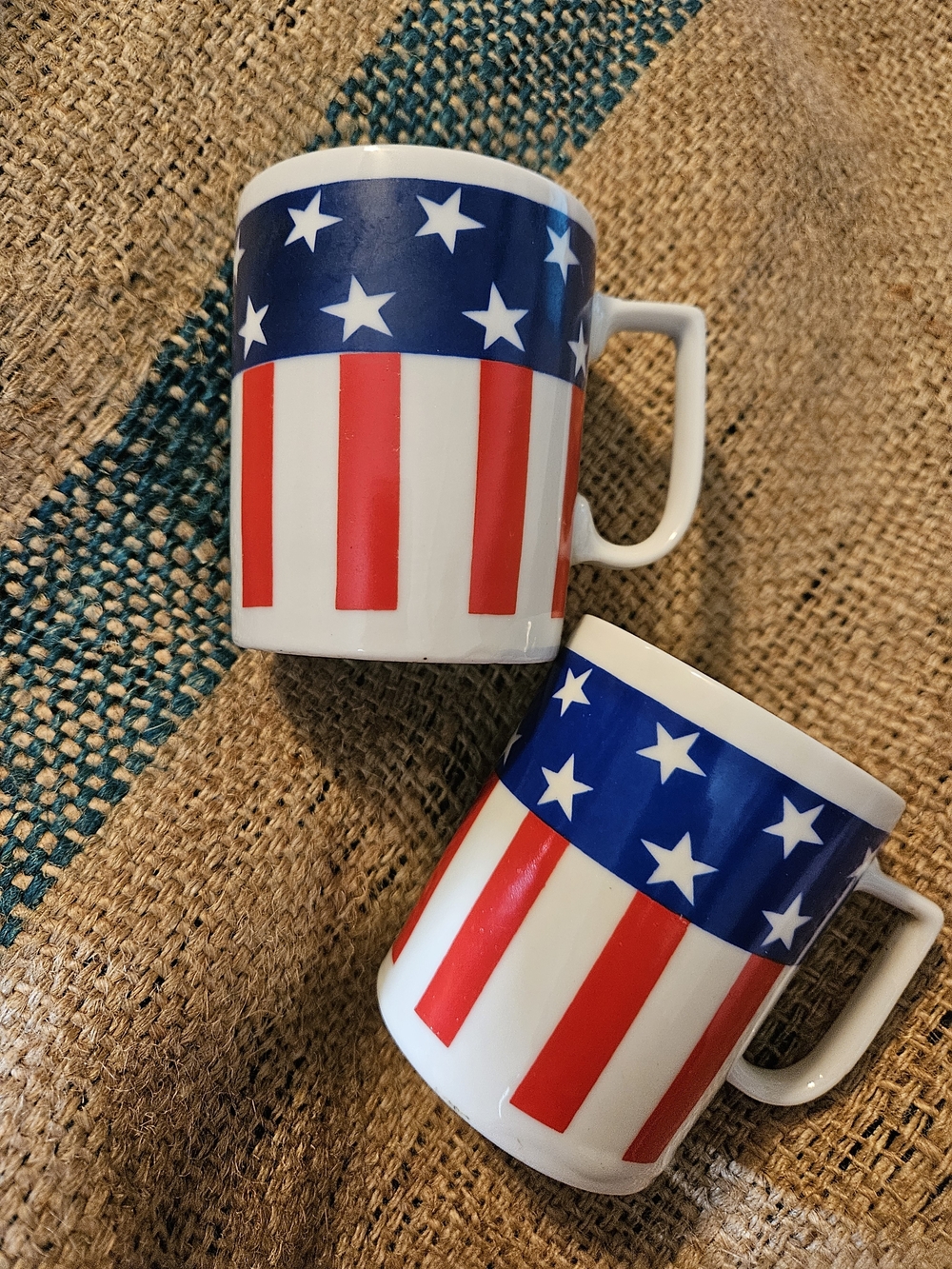 Patriotic Red & Blue Star Stripe Ceramic Mug - Set of 2 Vintage Japan Made Cups